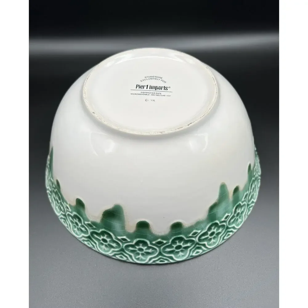 Pier 1 Imports Drip Glaze Stoneware Serving Mixing Bowl 9.5” Teal Green & White